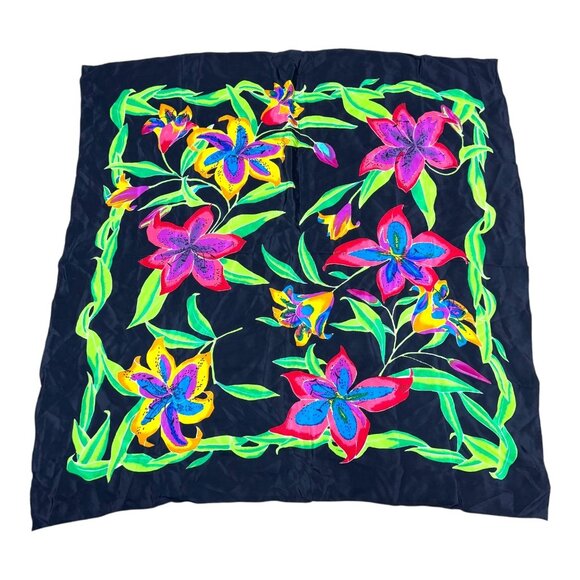 Liz Claiborne 100% Silk 30" Square Scarf Multicolor Stargazer Lillies on Black - Picture 1 of 4